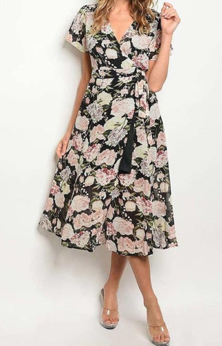 Black Floral Waist Dress - YouBoutiquepr