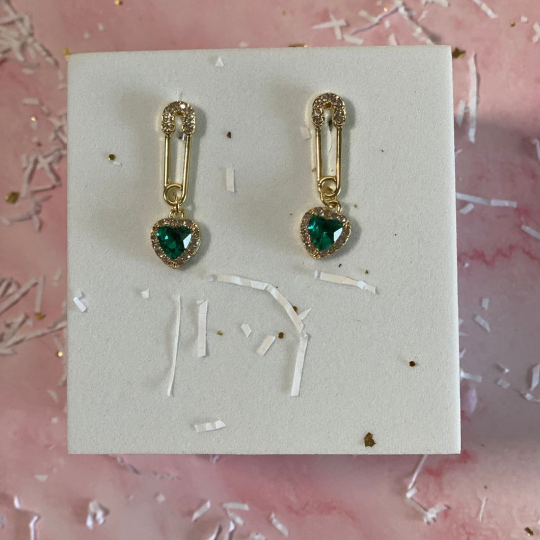 Green Heart Diamond Gold Pin Earrings